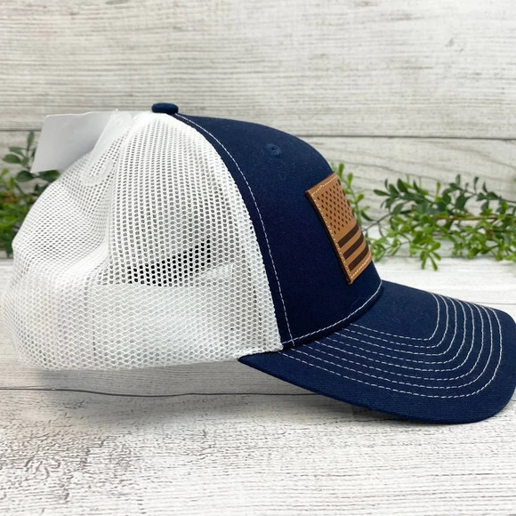 NEW USA Flag Leather Accent Mesh Back Trucker Cap OS - Picture 2 of 5